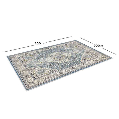 Roshni Distressed Persian Silky Rug 200x300cm features a close-up of intricate floral medallion design, showcasing its soft texture and vintage distressed style, ideal for enhancing any living space.