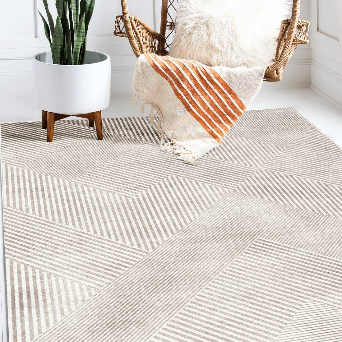 Rosson Modern Abstract Floor Rug 120 x 180cm in geometric stripe pattern with neutral beige and white tones