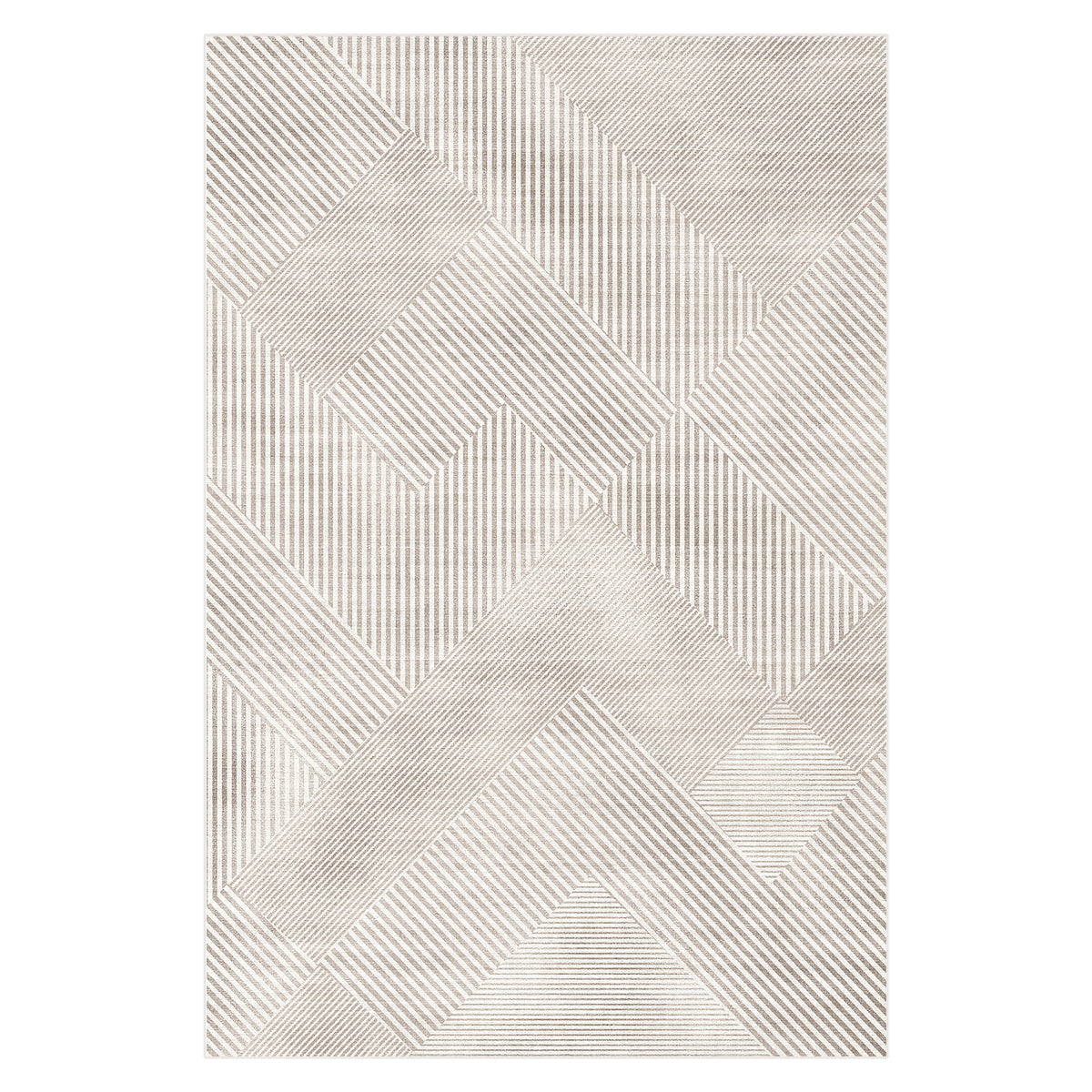 Rosson 200x300cm Large Modern Abstract Indoor Rug featuring a patchwork of geometric patterns with narrow, differently oriented stripes, showcasing rectangles, parallelograms, and triangles in a neutral beige palette.