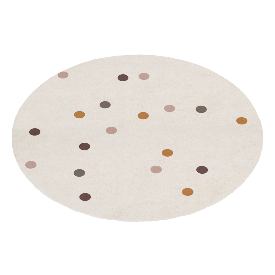 A round, cream-colored kids rug featuring a scattered pattern of multi-colored polka dots in muted tones of brown, ochre, and dusty pink.