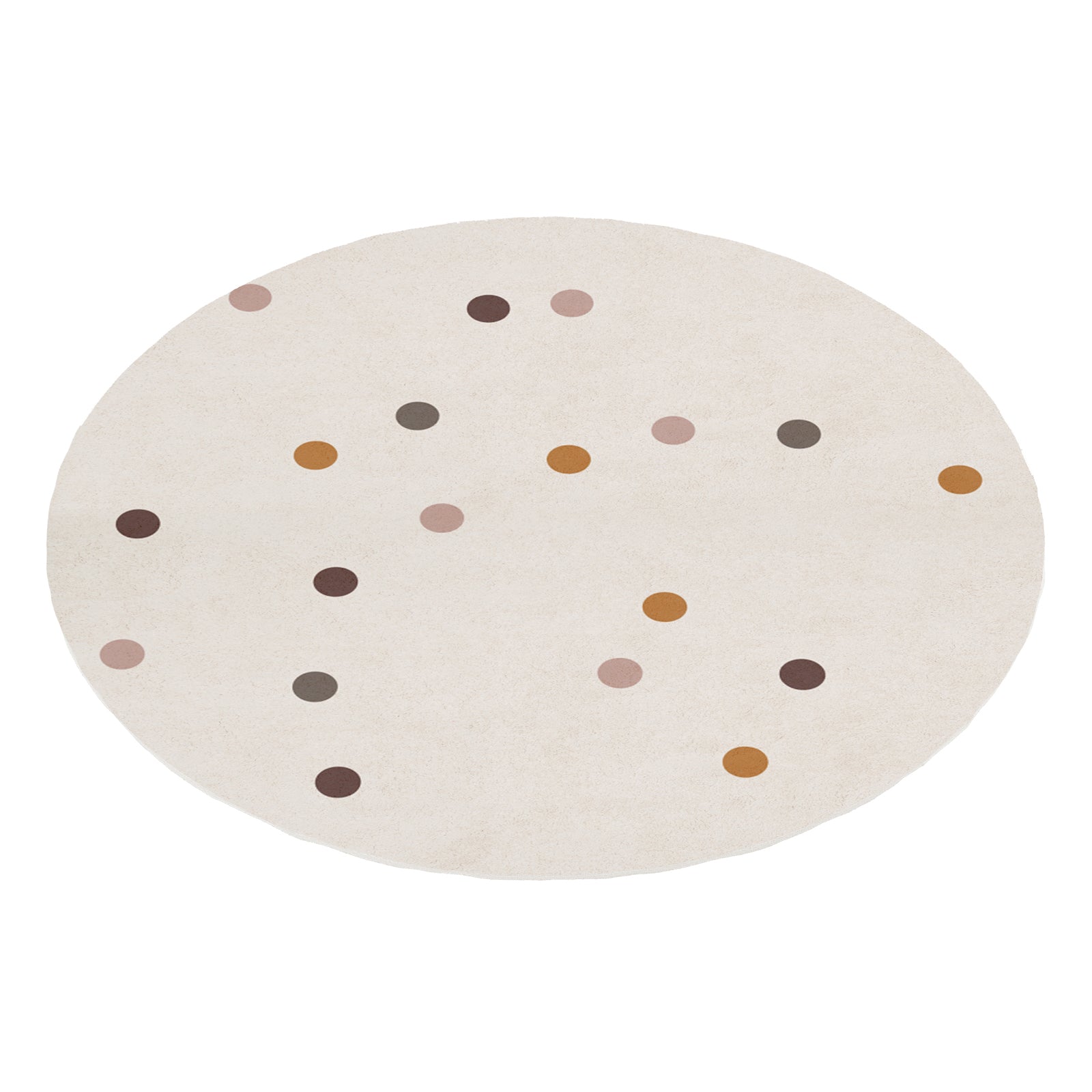 A round, cream-colored kids rug featuring a scattered pattern of multi-colored polka dots in muted tones of brown, ochre, and dusty pink.