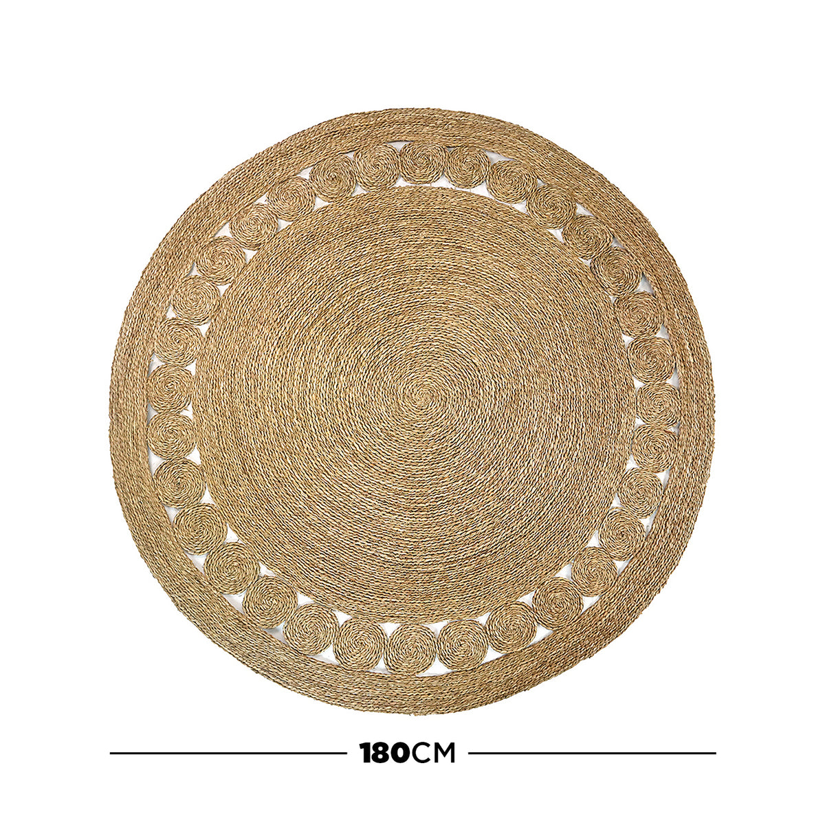 Sandra Brown Seagrass Rug 180cm features a large, round braided design with a tight concentric coil center, surrounded by smaller spiral braids, showcasing intricate seagrass craftsmanship.