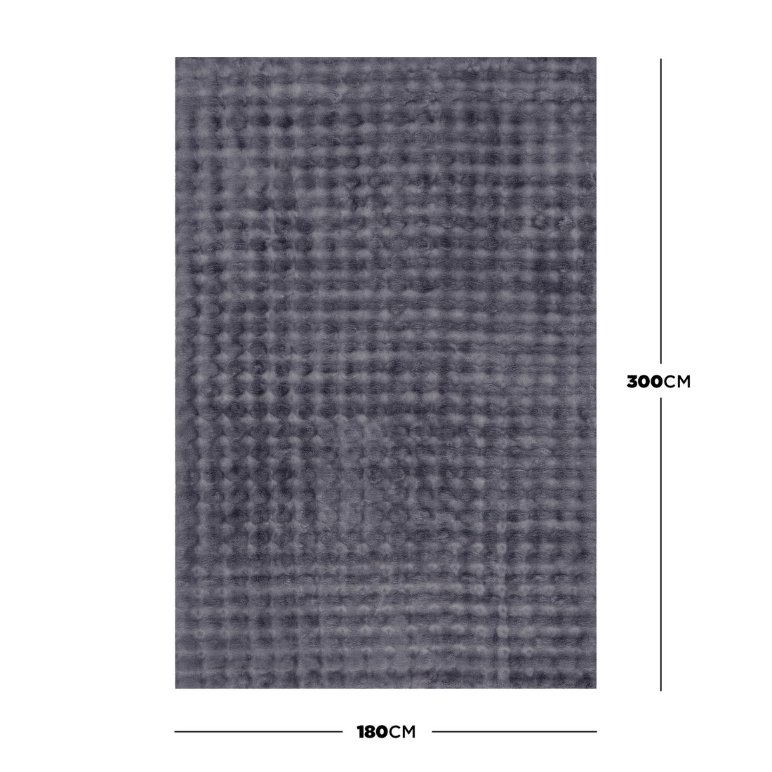 Severa 180x300cm Fluffy Fur Textured Bubble Rug Grey, featuring a rectangular dark-gray waffle-textured design, displayed flat with dimension lines indicating 180 cm width and 300 cm height against a white background. - Dimensions