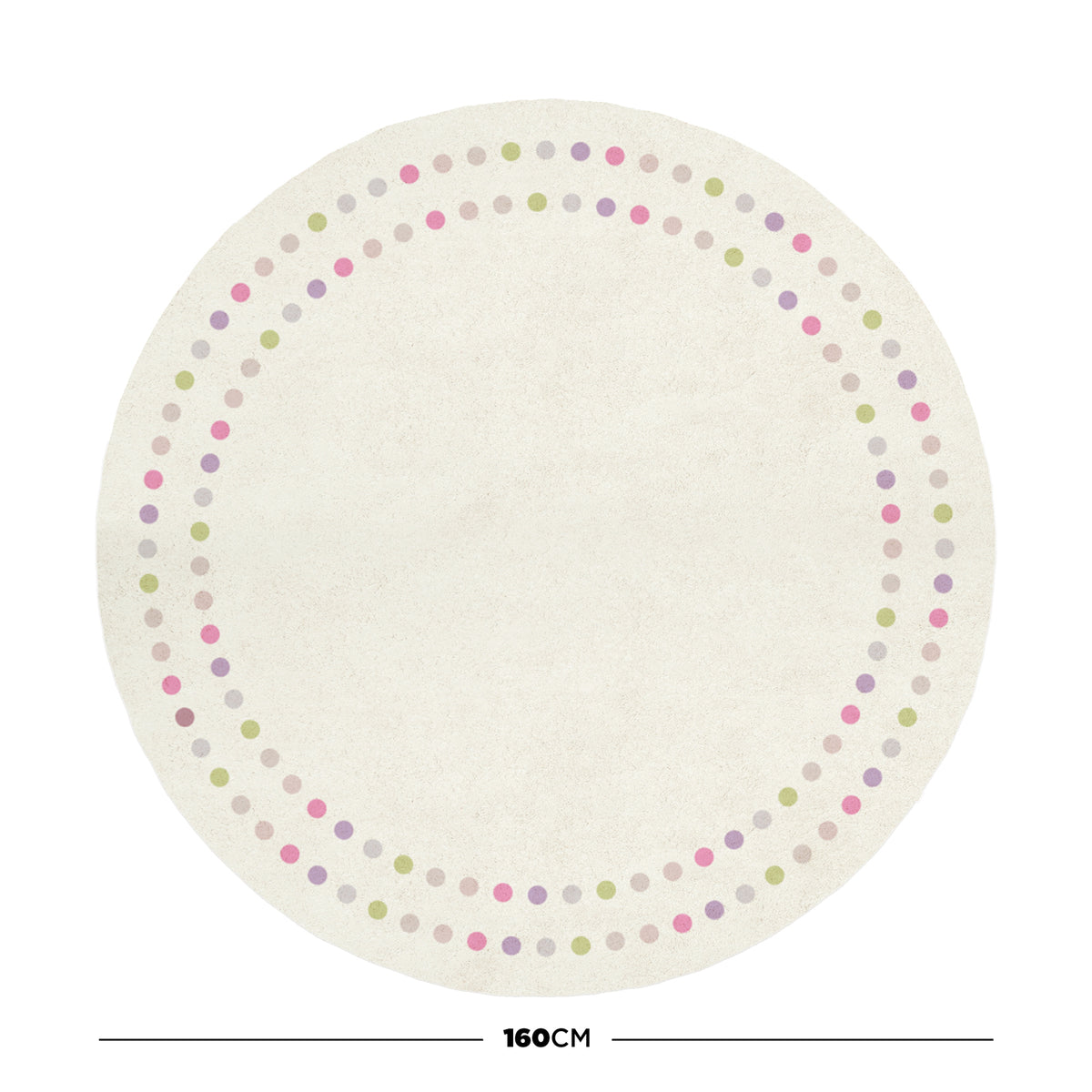 A 160cm Round Polka Dot Kids Indoor Rug features a cream background with two concentric rings of pastel dots in pink, green and lavender