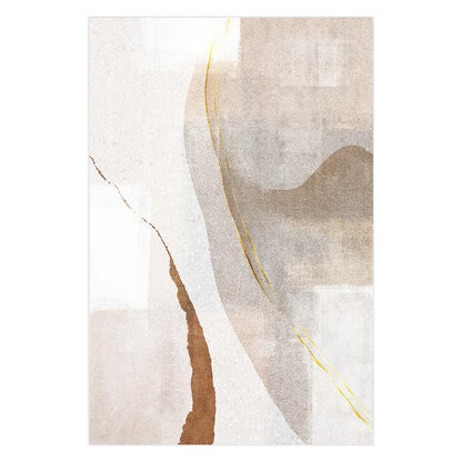 Talbyn Contemporary Abstract Floor Rug 200 x 300cm features overlapping neutral-toned shapes with golden-yellow streaks, rust-brown edge, and muted gray-beige curves, creating a minimal, modern, earthy aesthetic.