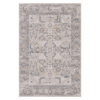 Trolvik 160x230cm Medium Persian Indoor Floor Rug features a distressed beige/taupe field with soft gray and muted blue medallion patterns, enhancing any space with its intricate, elegant design.