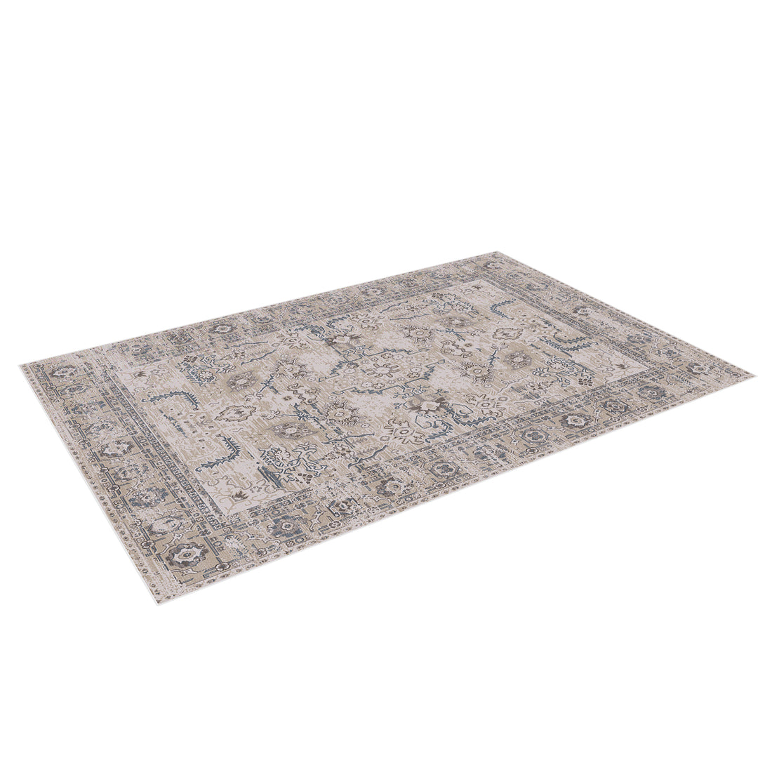 Trolvik 160x230cm Medium Persian Indoor Floor Rug features a light-beige field with faded vintage-style medallion and floral motifs in muted blues and grays, framed by an ornate border.