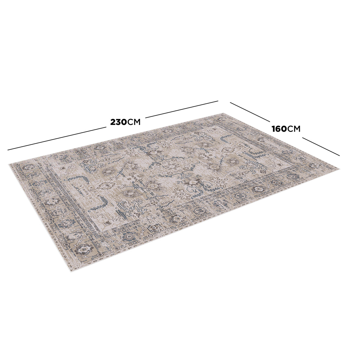 Trolvik 160x230cm Medium Persian Indoor Floor Rug with a distressed oriental pattern in muted tones, highlighted by dimension lines showing its size. Perfect for adding elegance to indoor spaces. - Dimensions
