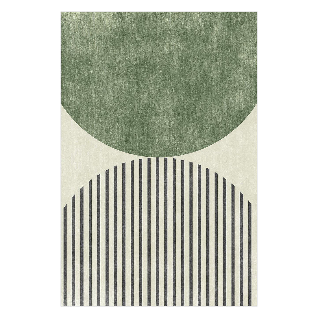 Vannebo Modern Abstract Floor Rug 200 x 300cm featuring stacked semicircles; a solid muted green top and striped black bottom, forming a contemporary geometric design on a light background.