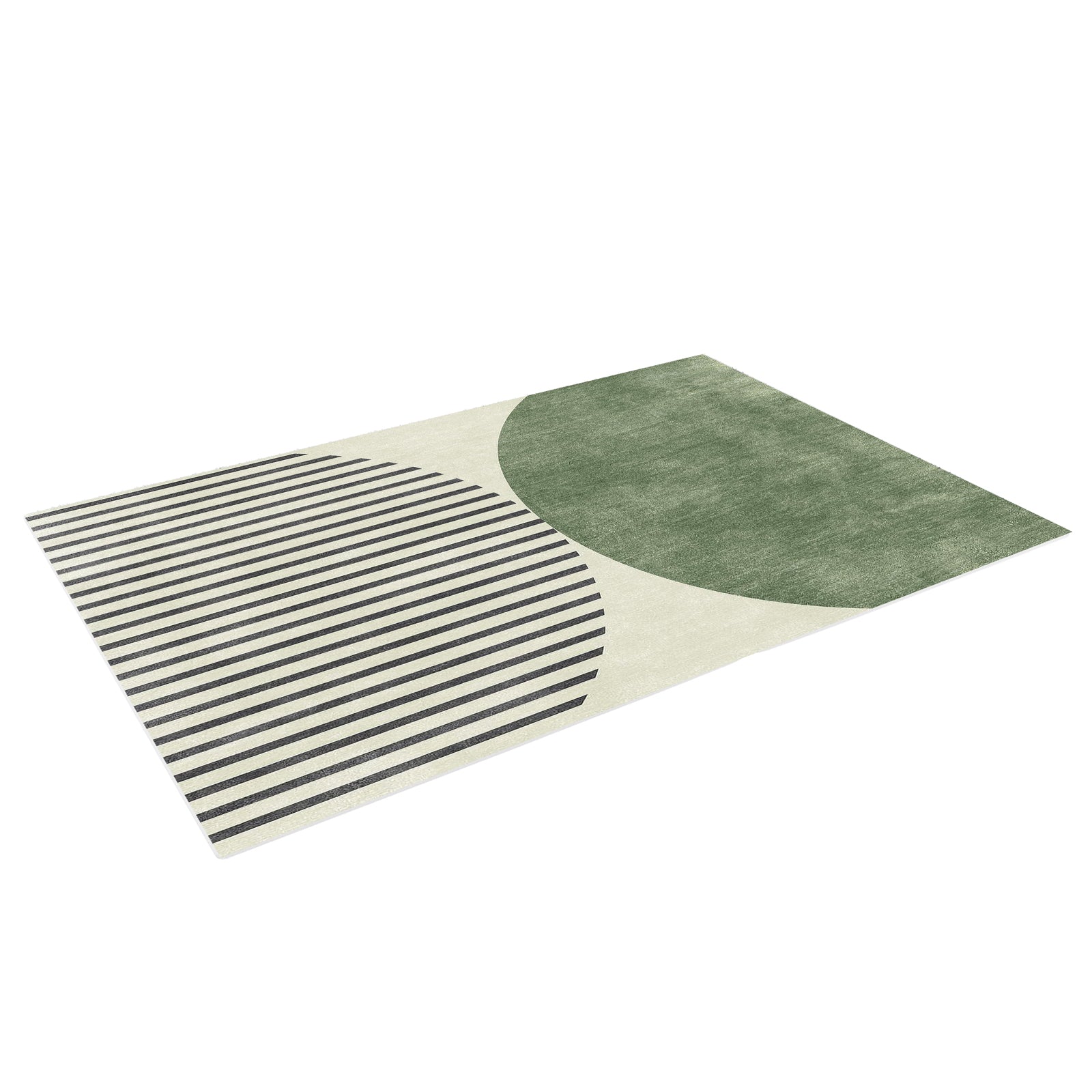Vannebo Modern Abstract Floor Rug 200 x 300cm, featuring a minimalist design with two large semicircles: a solid muted green and an off-white with black stripes, creating a contemporary abstract look.