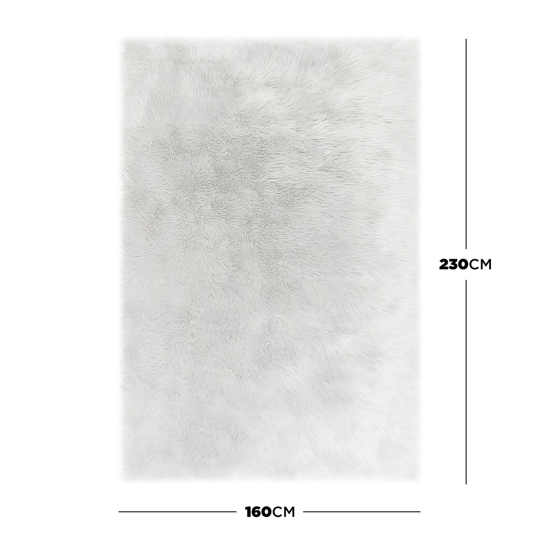 Zubuin 160x230cm Shaggy Plush Rectangular Rug in White, featuring a luxurious shag-pile texture, faux fur design, and labeled dimensions for width and length along the edges.