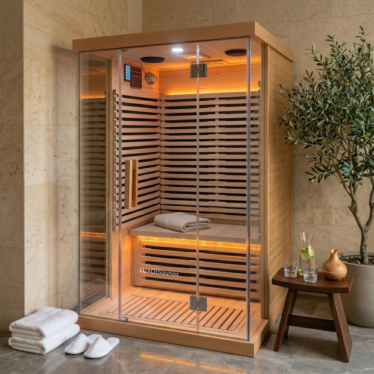 Wooden infrared sauna with glass door, interior bench, towel, and amber LED lighting in a tiled bathroom setting