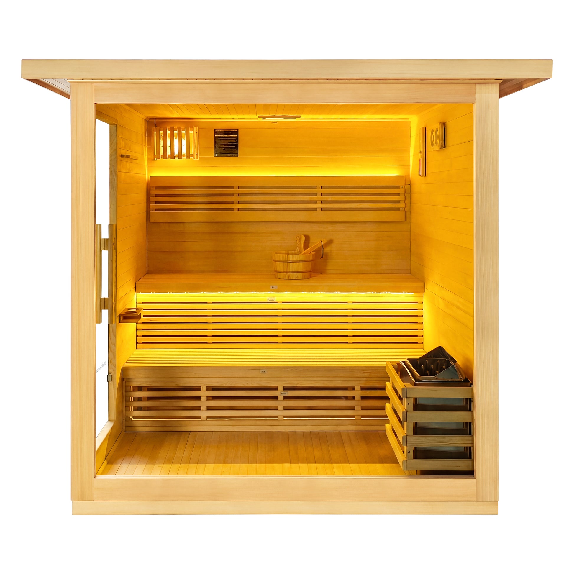 Front view of a wooden sauna cabin on a white background