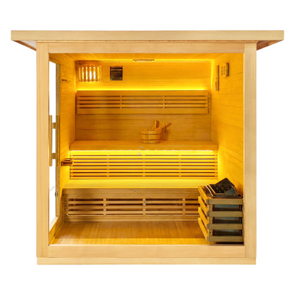 Front view of a wooden sauna cabin on a white background