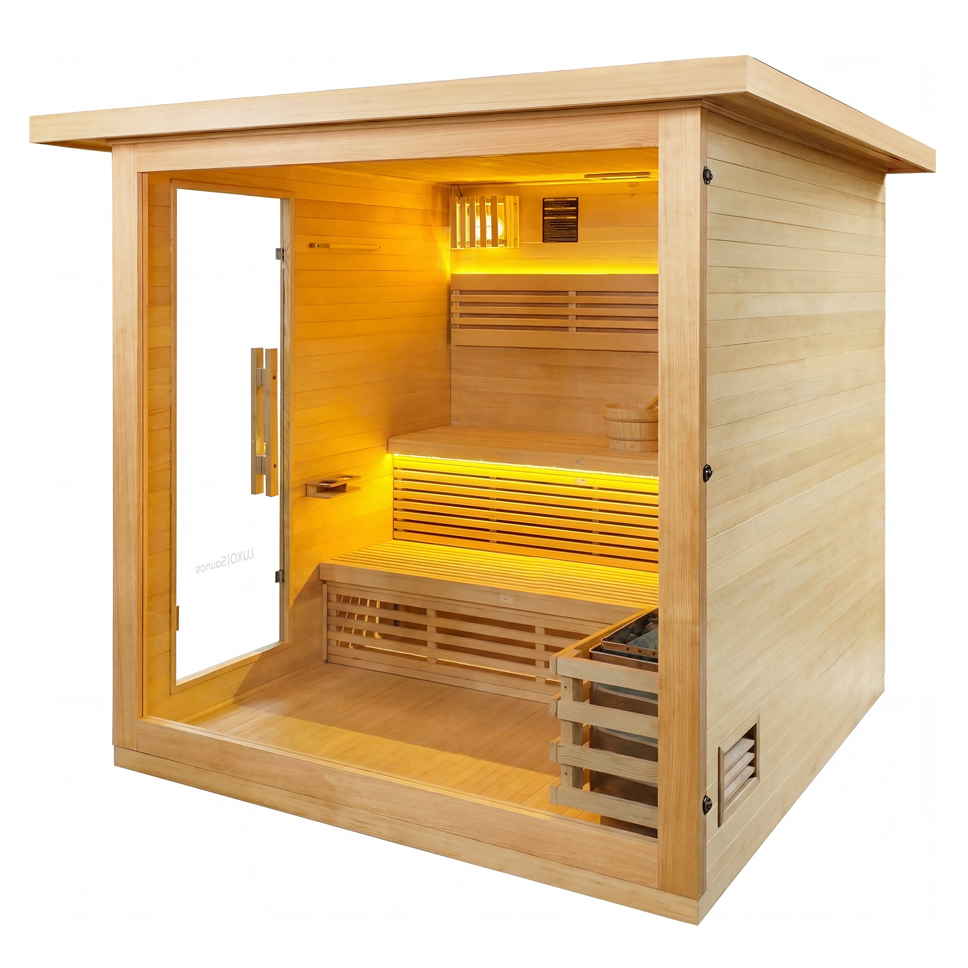 Standalone modern wooden sauna cabin on a white background