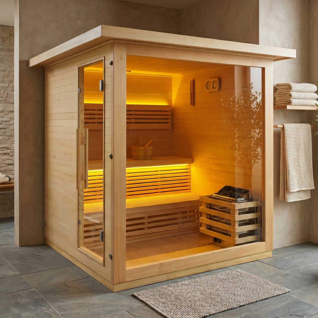 Wooden sauna installed in a stylish bathroom or spa-like room
