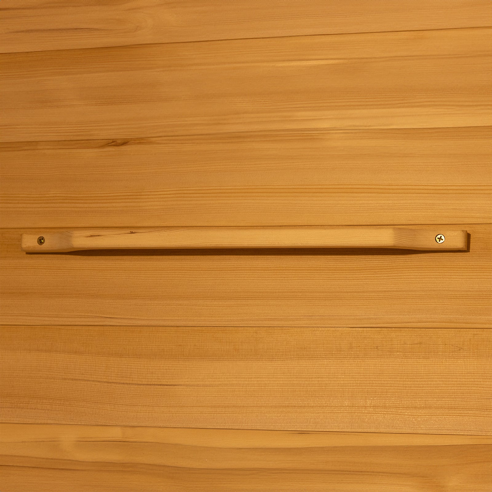 Harlow 1 Person Canadian Hemlock Infrared Home Sauna showing a wooden strip fastened with screws, emphasizing the sauna’s sturdy Canadian Hemlock construction and indoor installation suitability.