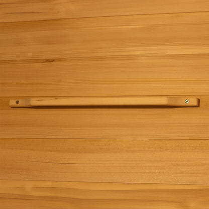 Harlow 1 Person Canadian Hemlock Infrared Home Sauna showing a wooden strip fastened with screws, emphasizing the sauna’s sturdy Canadian Hemlock construction and indoor installation suitability.