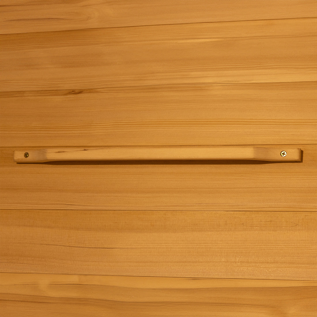 Harlow 2 Person Canadian Hemlock Infrared Home Sauna; wood-paneled walls with a narrow wooden strip secured by screws, reflecting the sauna's natural Canadian Hemlock wood construction.