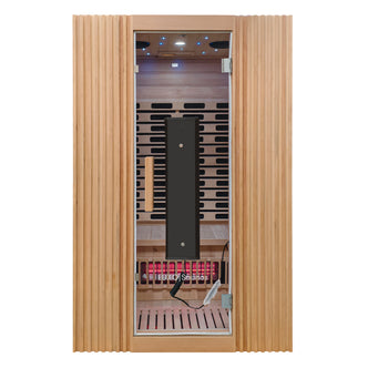 Modern infrared sauna booth on a white background with glass door and interior visible.