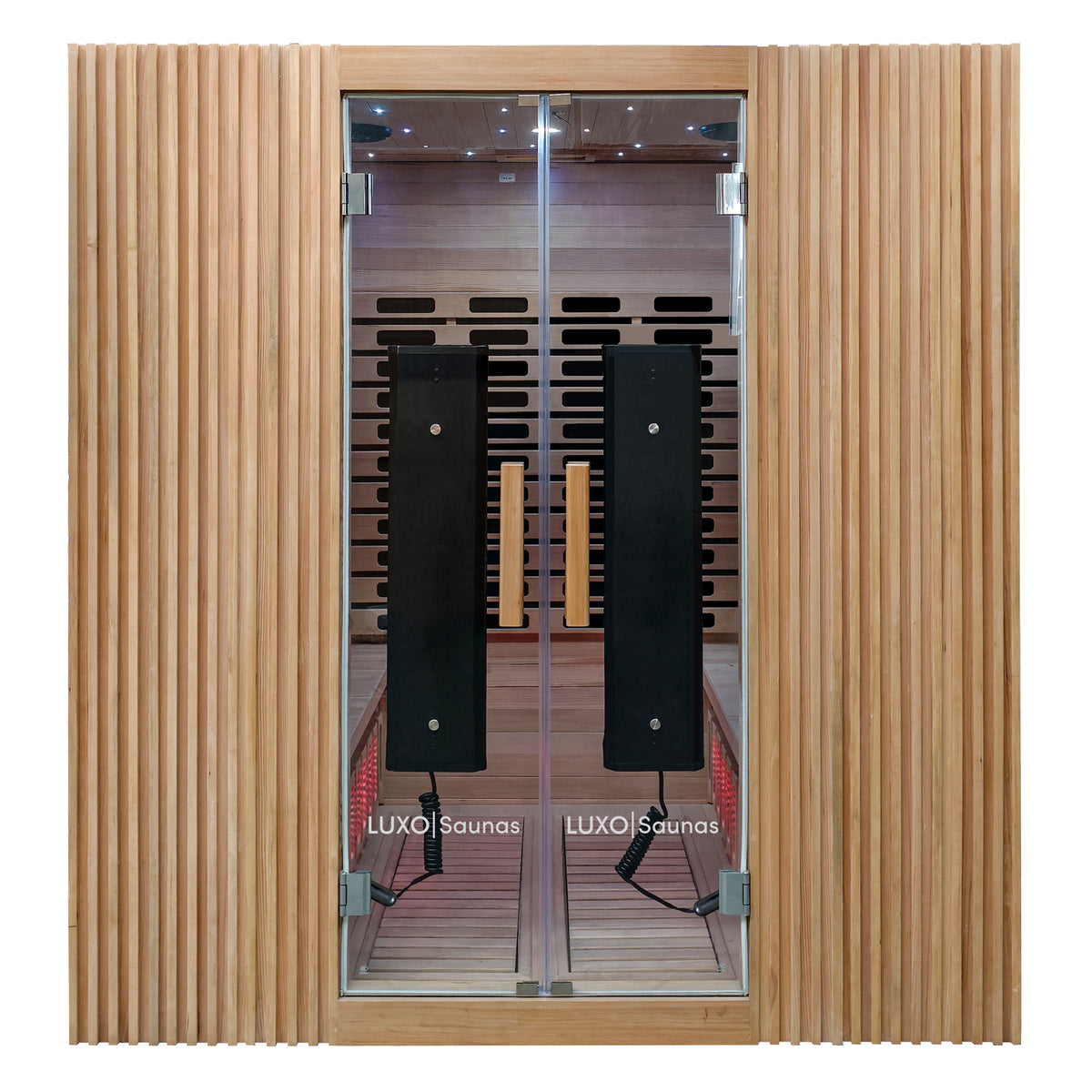Modern wooden infrared sauna cabin on a white background