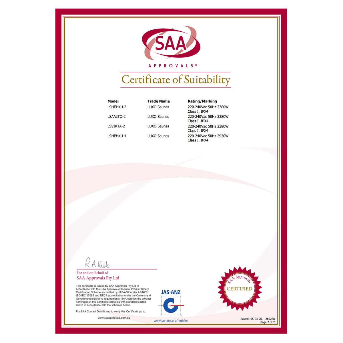 An SAA Approvals Certificate of Suitability for LUXO Saunas models LSHEHKU-2, LSAALTO-2, LSVIRTA-2, and LSHEHKU-4, issued on 05-03-26.