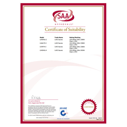 An SAA Approvals Certificate of Suitability for LUXO Saunas models LSHEHKU-2, LSAALTO-2, LSVIRTA-2, and LSHEHKU-4, issued on 05-03-26.