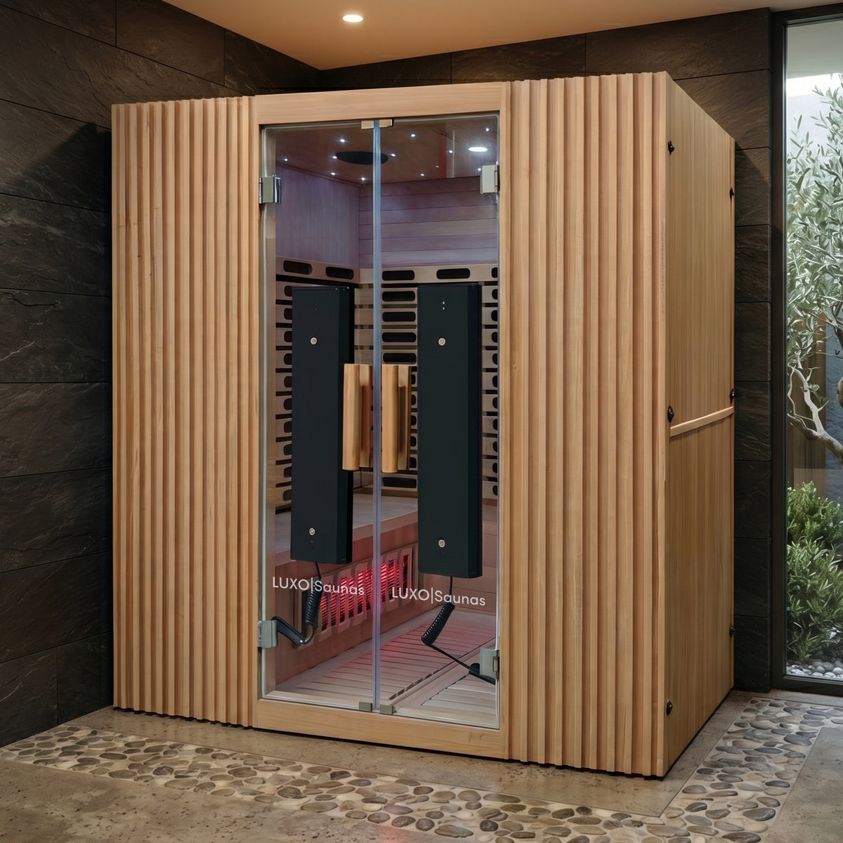 Wooden infrared sauna cabin installed in a modern spa-like room