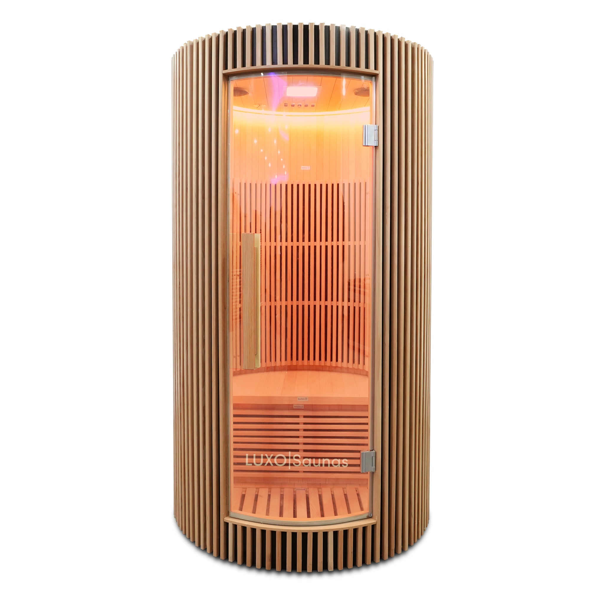 Full view of a modern cylindrical sauna on a white background