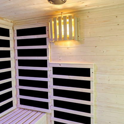 Kiima 3-Person Hybrid Sauna natural fir interior with infrared panels and wall-mounted light