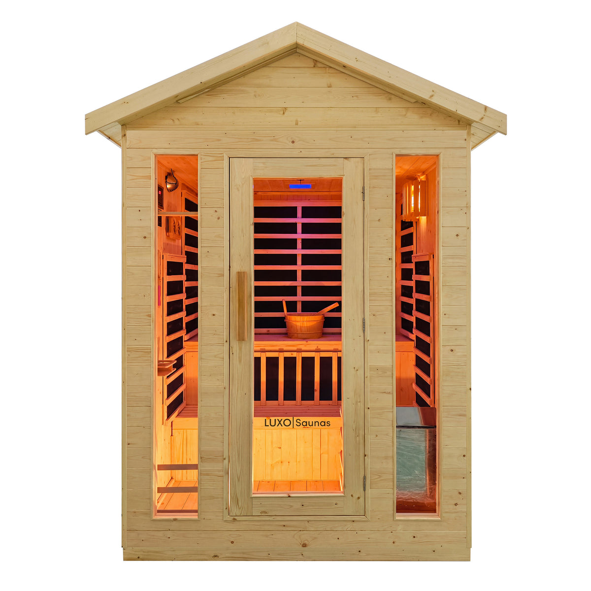 Kiima 3-person hybrid outdoor sauna in natural wood with tempered glass door and infrared panels
