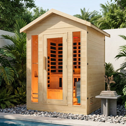 Outdoor timber sauna with glass door beside pool in tropical garden