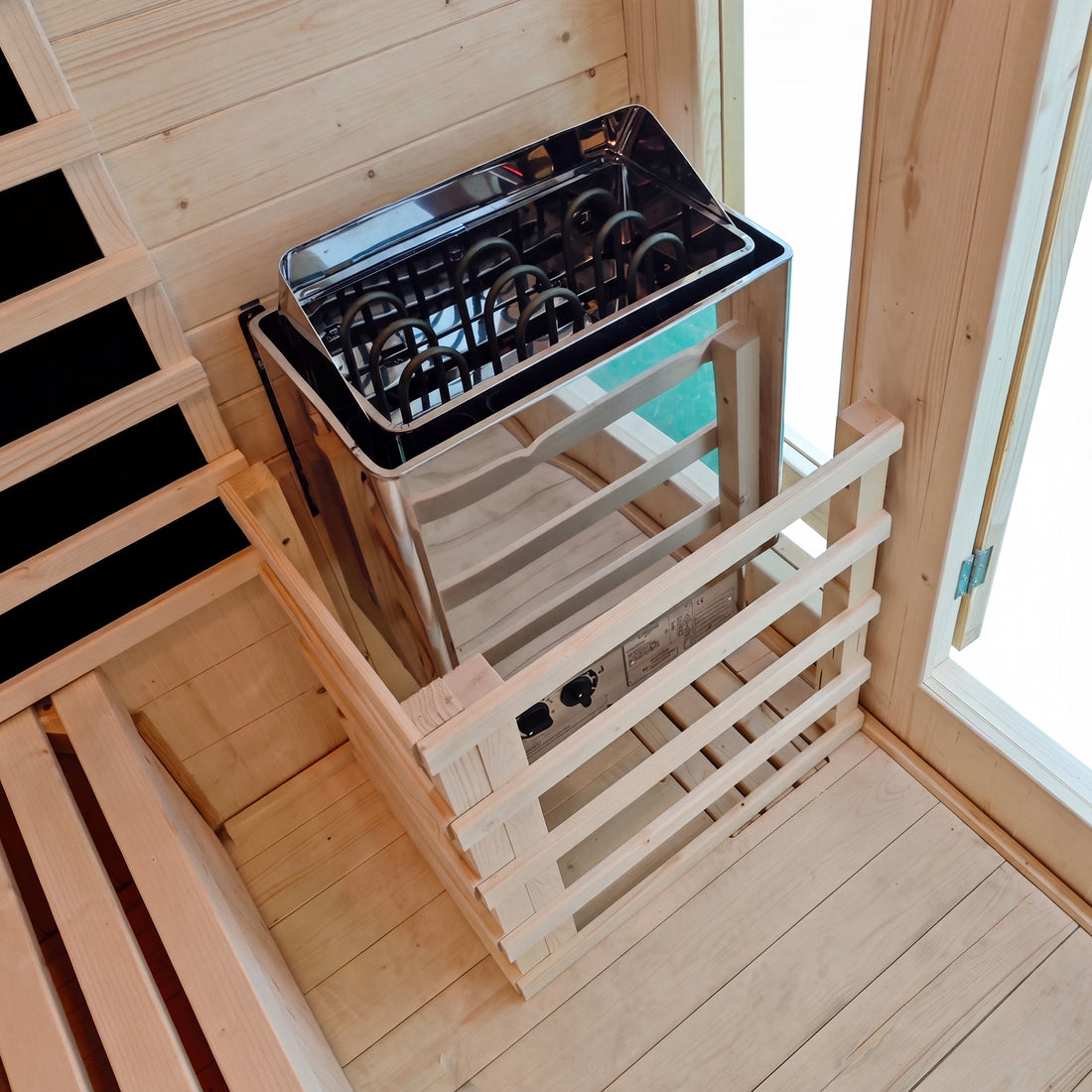 Electric sauna heater with protective timber guard inside sauna