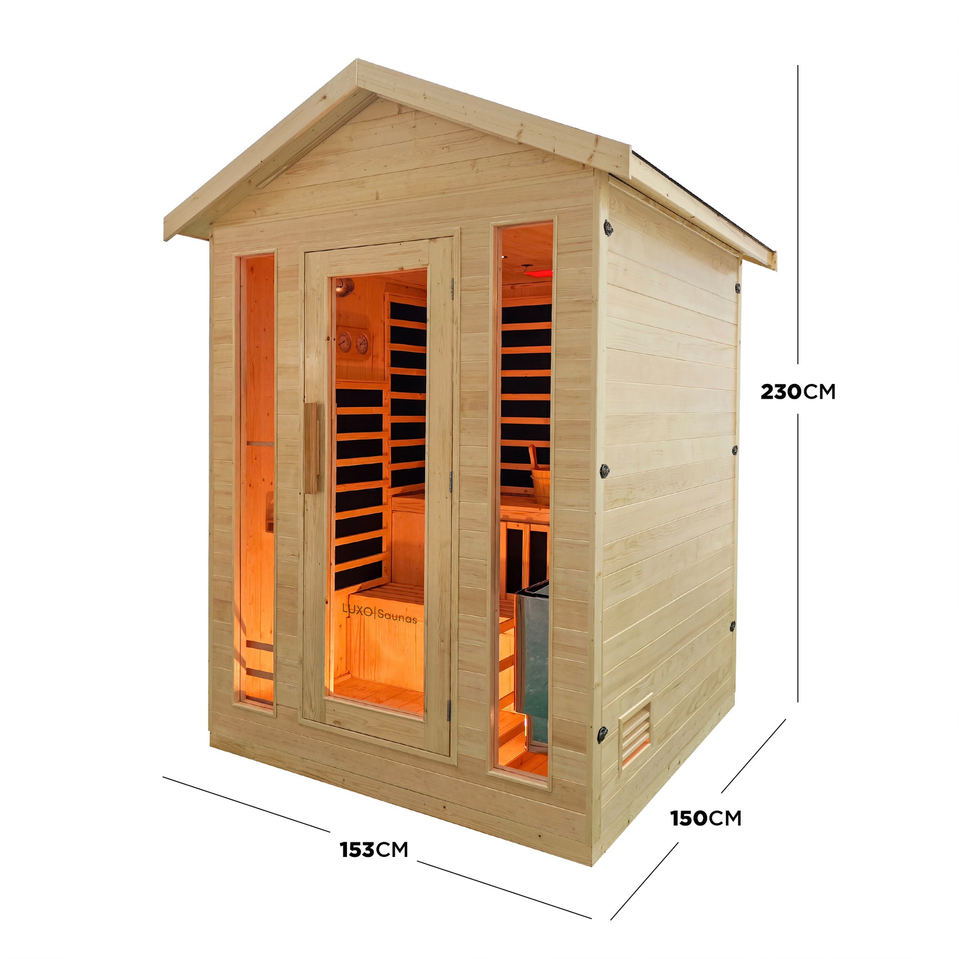 Outdoor timber sauna with glass door and size dimensions