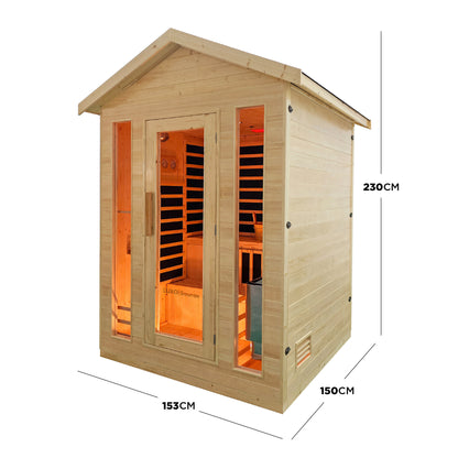 Outdoor timber sauna with glass door and size dimensions