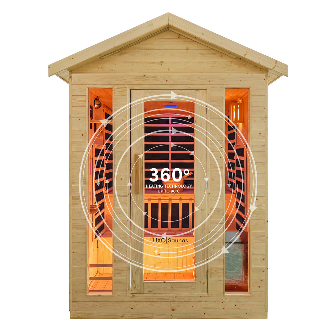 Outdoor timber sauna with 360 degree heating technology