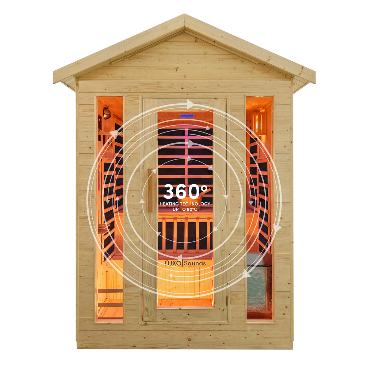 Outdoor timber sauna with 360 degree heating technology