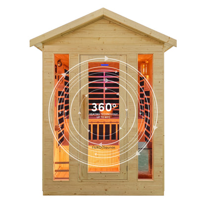 Outdoor timber sauna with 360 degree heating technology