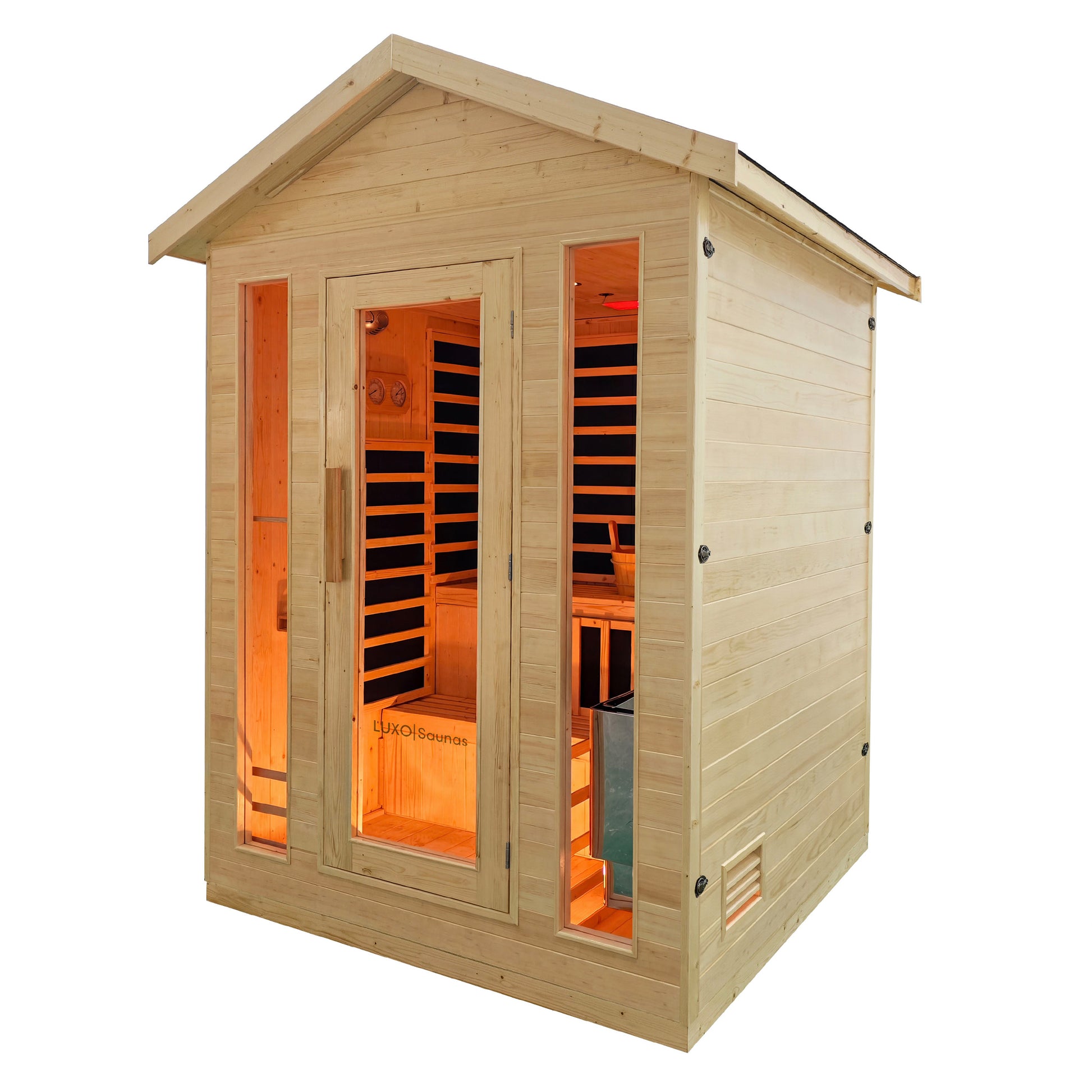 Outdoor timber sauna with glass door and warm infrared interior