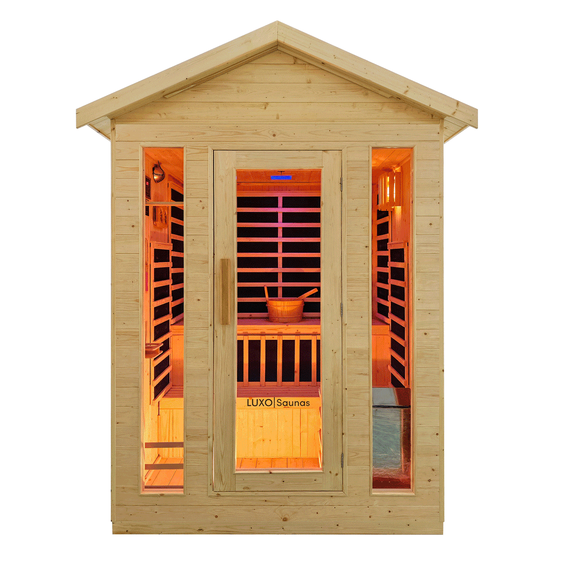 Outdoor timber sauna with glass door and warm infrared lighting