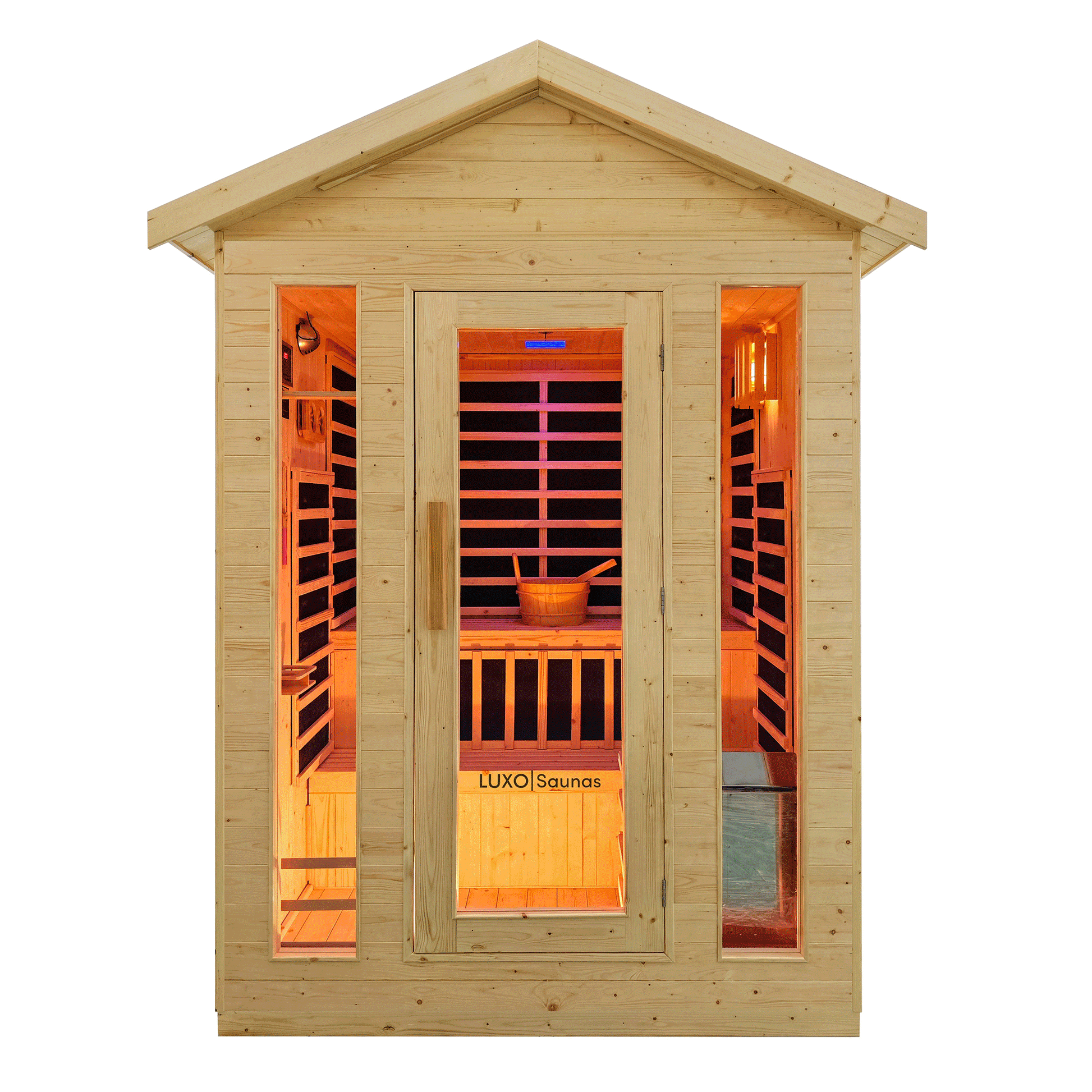 Outdoor timber sauna with glass door and warm infrared lighting