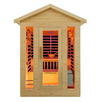 Outdoor timber sauna with glass door and warm infrared lighting