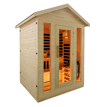 Outdoor timber sauna with glass door and warm infrared interior