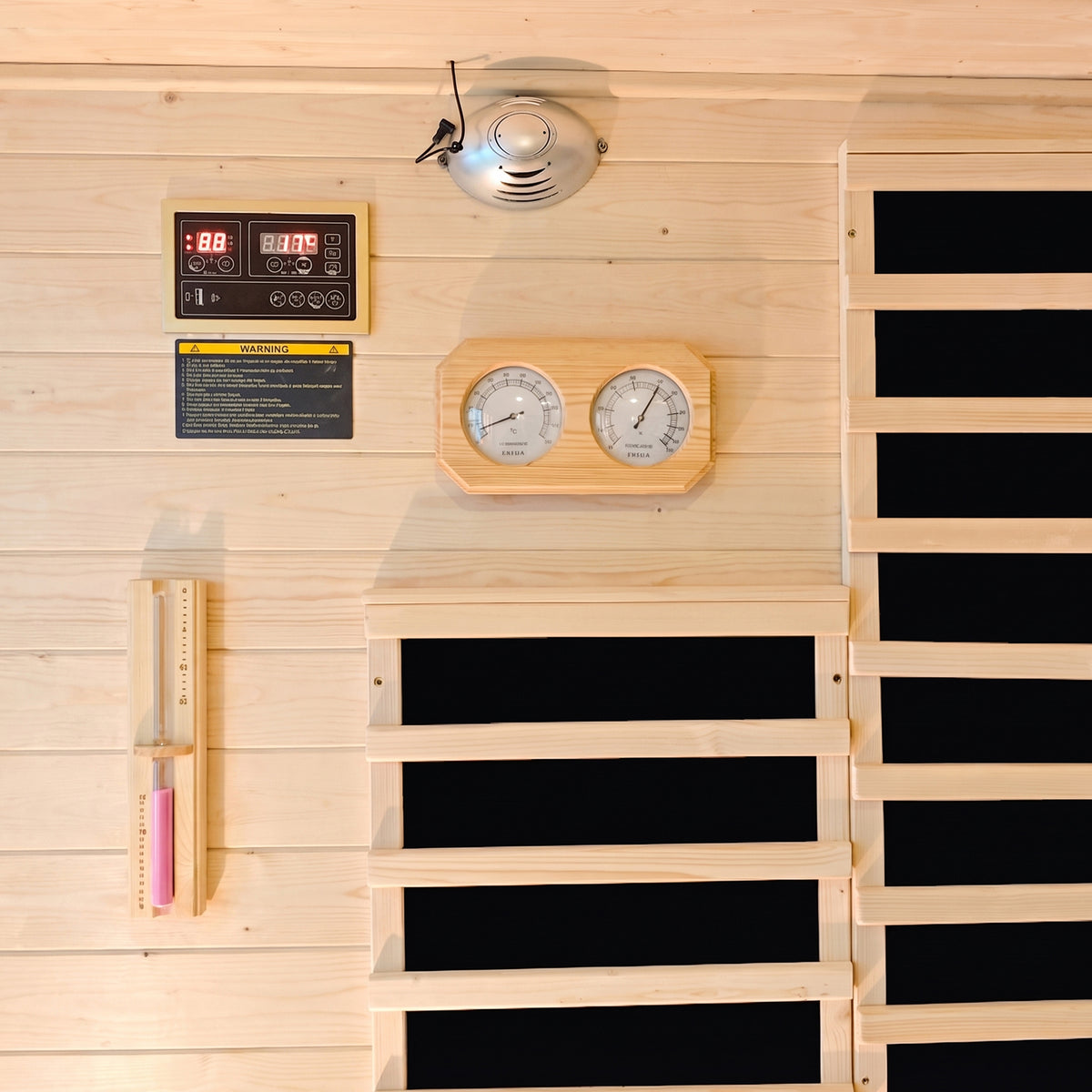 Sauna control panel with thermometer, hygrometer and infrared panels