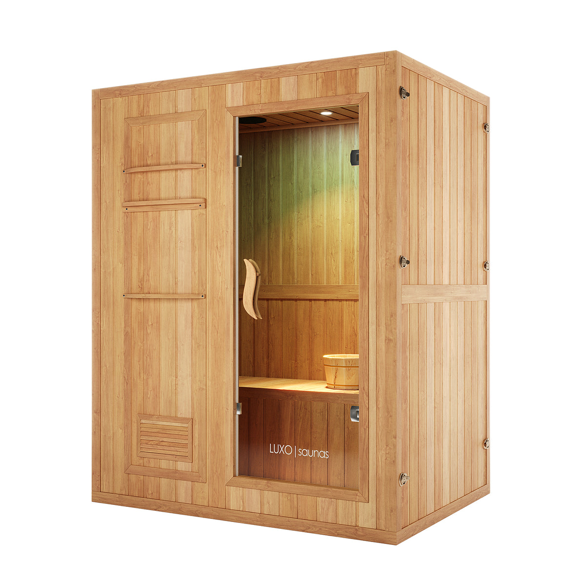 Kivi 3-Person Traditional Stove Finnish Indoor Home Sauna, featuring a freestanding wooden cabin with a glass door, interior bench, wooden bucket, and overhead lighting for a complete sauna experience.