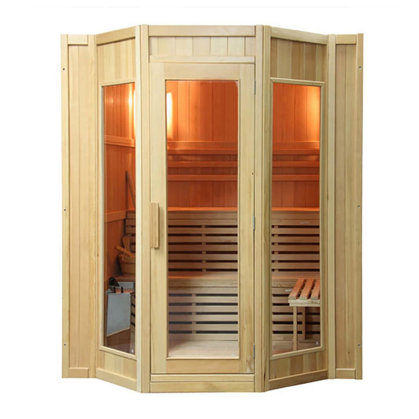 Kivi 6-Person Traditional Finnish Indoor Home Sauna features a wooden cabin with glass-paneled doors, tiered benches, ambient lighting, and heater unit, perfect for an authentic home sauna experience.