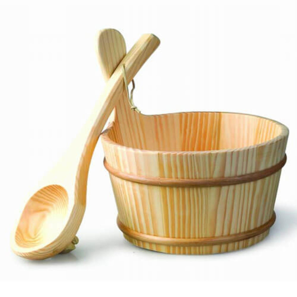 A simple wooden pail and ladle set made of light-colored, slatted wood accompany the Kivi 6-Person Traditional Finnish Indoor Home Sauna, reflecting a classic sauna experience.