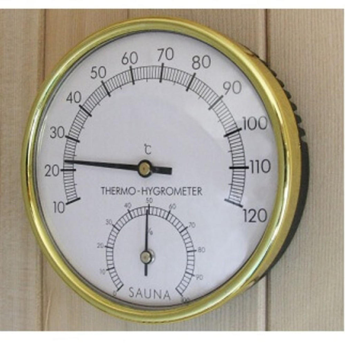 Kivi 6-Person Traditional Finnish Indoor Home Sauna featuring an analog sauna thermo-hygrometer on a wooden wall, displaying 20°C and 50% humidity for authentic steam therapy monitoring.