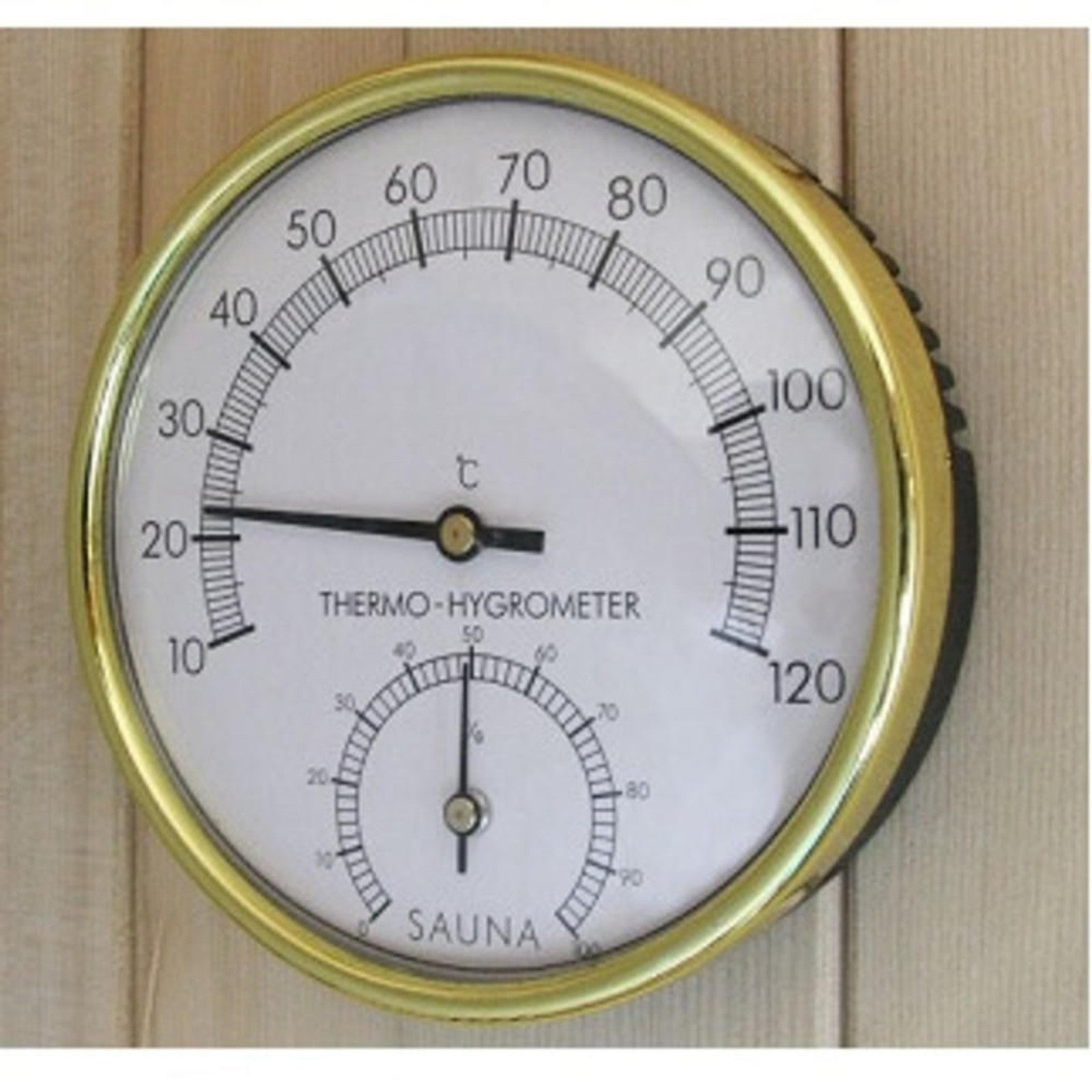 Kivi 6-Person Traditional Finnish Indoor Home Sauna featuring an analog sauna thermo-hygrometer on a wooden wall, displaying 20°C and 50% humidity for authentic steam therapy monitoring.