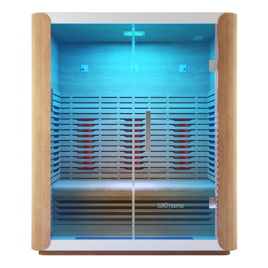 Lue 3 Person Full Spectrum Curved Infrared Indoor Home Sauna with light-wood framing, glass front, glowing infrared panels, blue accent lighting, and comfortable bench. Features stainless steel handle and Luxo Saunas logo.